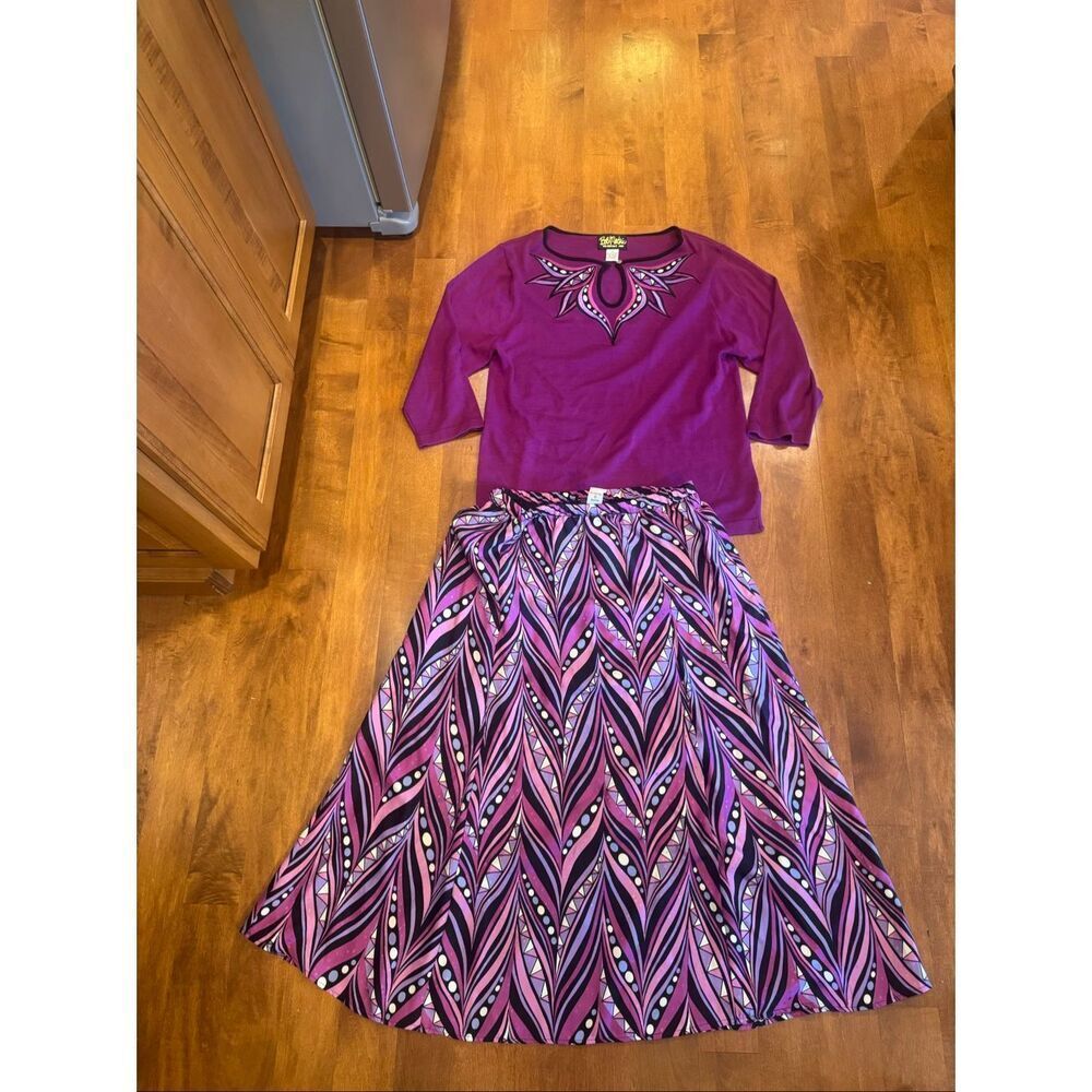 Vintage Bob Mackie Wearable Art 2 Piece Skirt Set Women’s M Purple Silk Maxi Ski